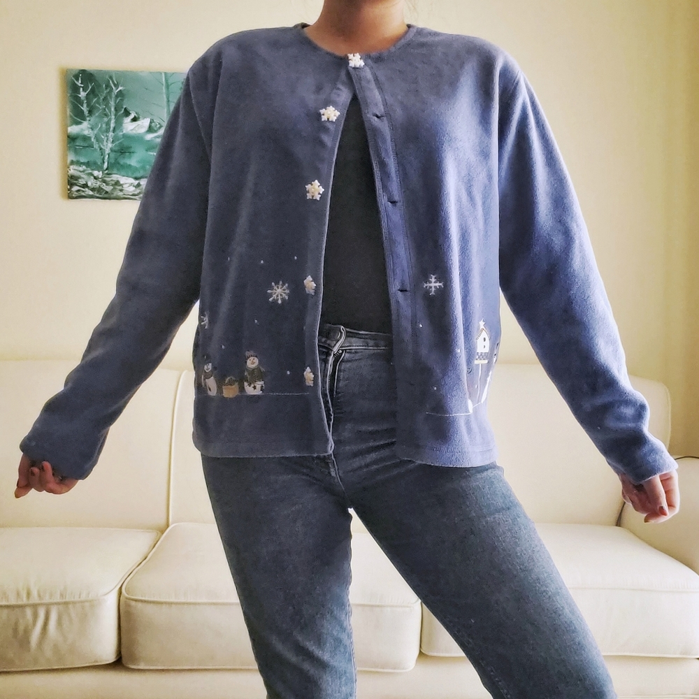 Vintage | Blue Fleece Christmas Cardigan • Size M
